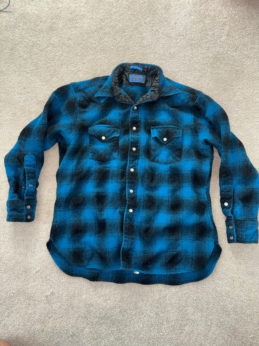 Vintage 70s Pendleton Youth XL Wool Western Shirt Blue Black Plaid USA
